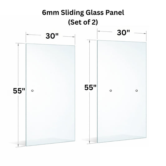 6mm tempered glass sliding panel with holes, 1/4 inch thick, from Best Glass Parts, showing the glass with drilled holes for installation.