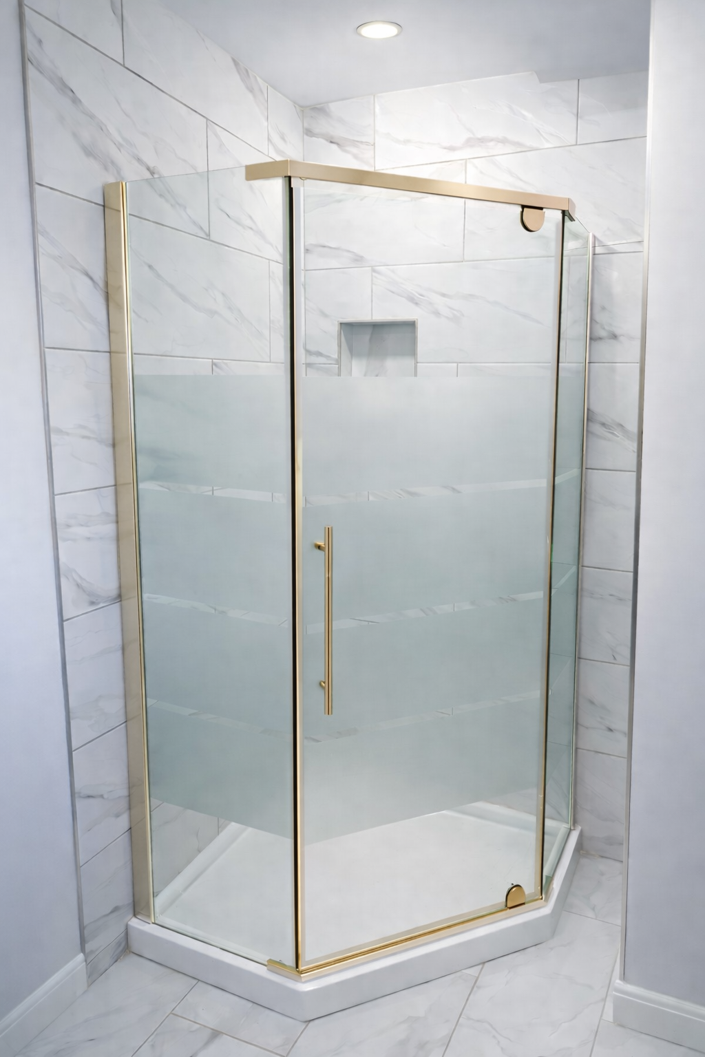 Chrome Neo Angle Shower Door by Best Glass Parts, 8mm glass with sleek, modern design and clear view for bathroom shower enclosure.