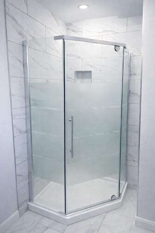 Neo angle shower door by Best Glass Parts, featuring clear glass panels and chrome frame for modern bathroom enclosure.