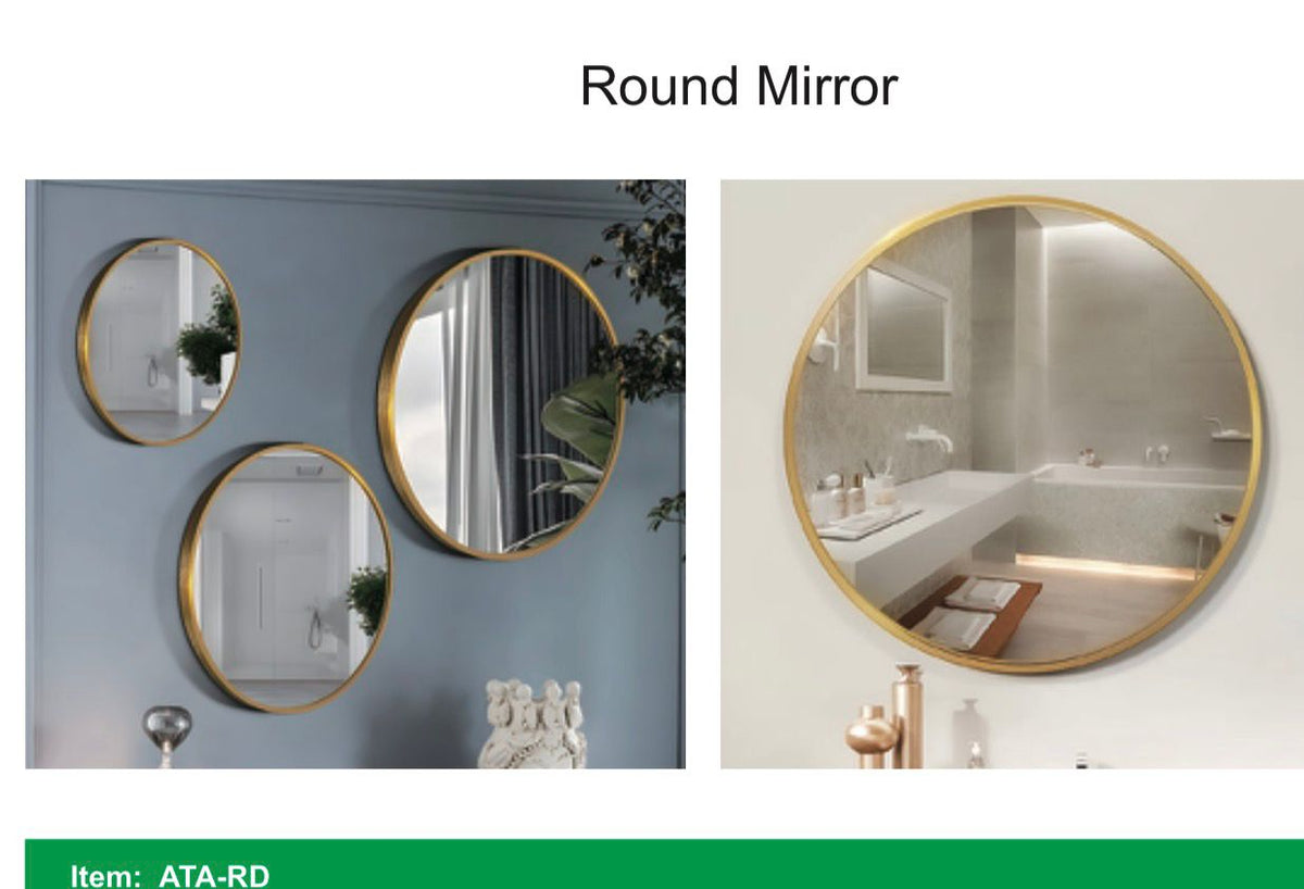 Aluminium framed round mirror, 36x36 inches, with sleek silver finish, reflecting a modern bathroom or living room setting.