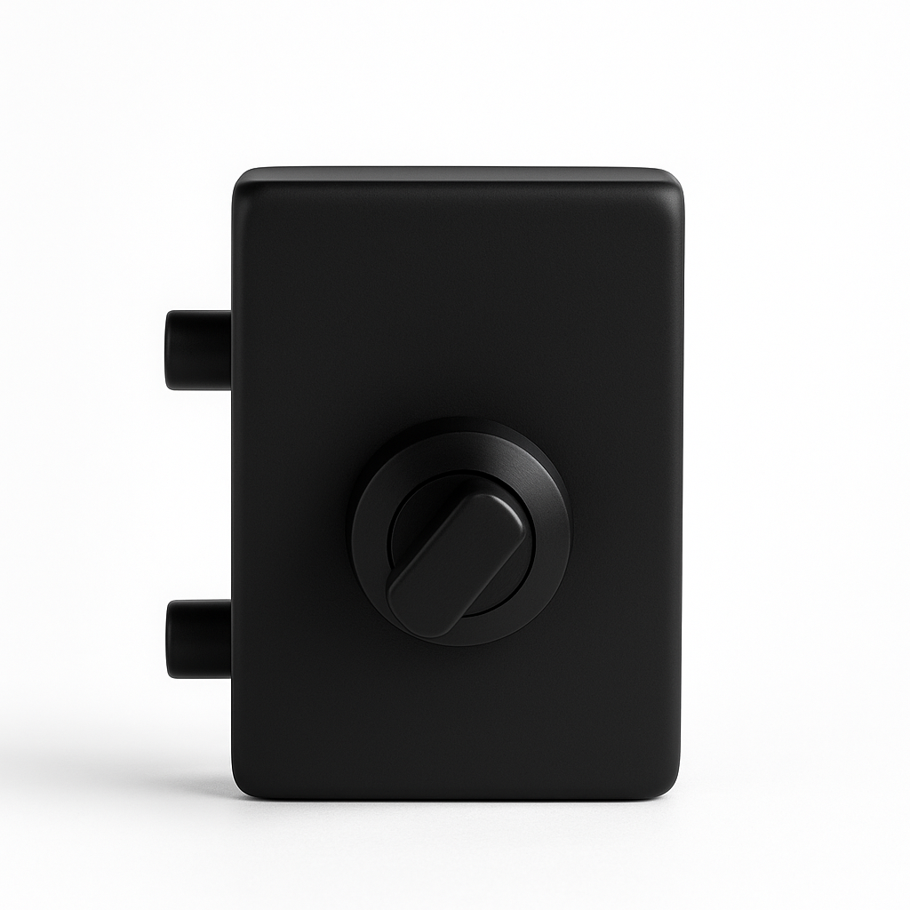 Black glass-to-glass lock with key, 4.5x3 inches, by Best Glass Parts, featuring secure locking mechanism and sturdy construction.