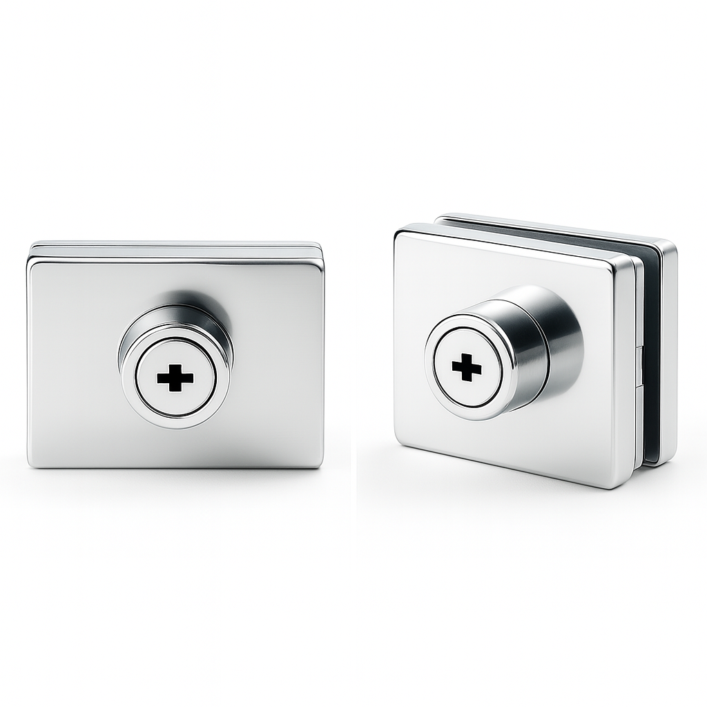 Glass to glass lock square with key hole, 50x60mm by Best Glass Parts, showing the lock mechanism and key access point