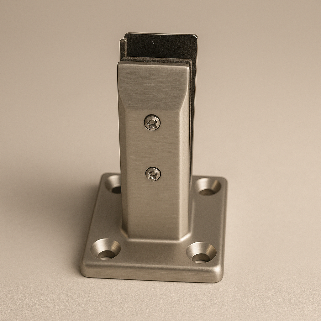 Brushed nickel railing spigot from Best Glass Parts, showing a metal fitting for glass railing installation.