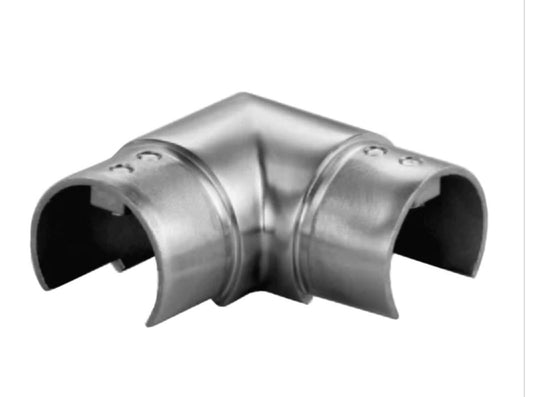 Round horizontal 90-degree railing top handrail elbow by Best Glass Parts for glass stair and balcony railings.