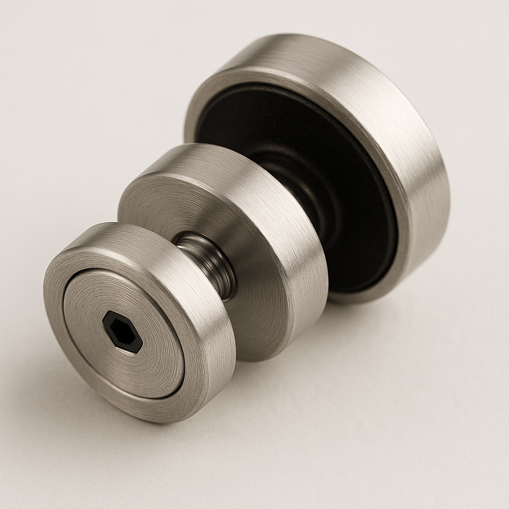 Brushed nickel roller clamp kit for glass doors, includes rod and mounting hardware for smooth sliding glass door operation.