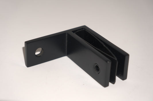 Railing Middle F Type Clamp from Best Glass Parts securing wall to glass railing system, with metal construction and mounting hardware visible.