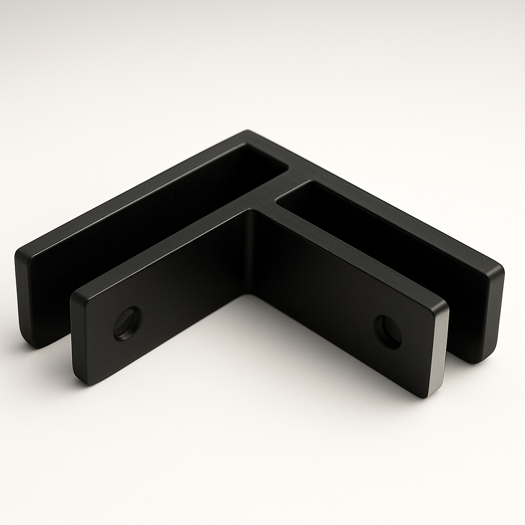 Black railing middle glass clamp 90 by Best Glass Parts, used to secure glass panels in railing systems.