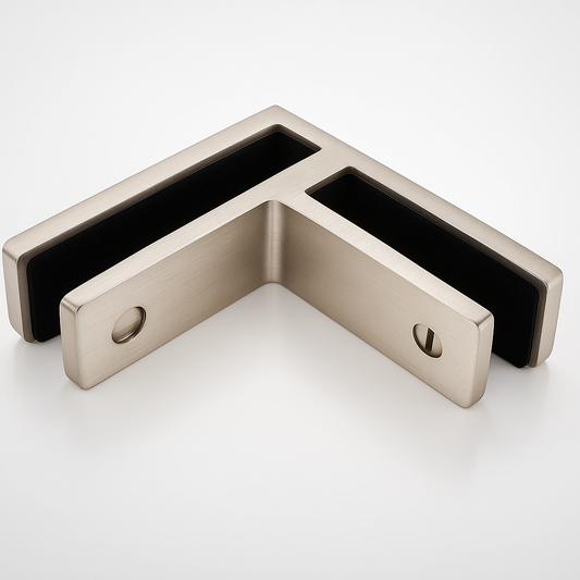 Brushed nickel Railing Middle Glass Clamp 90 from Best Glass Parts securely holds glass panels in railing systems.