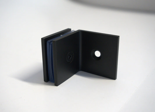 Glass to wall clamp at 90 degrees by Best Glass Parts, showcasing stainless steel construction securing glass panels at a right angle.