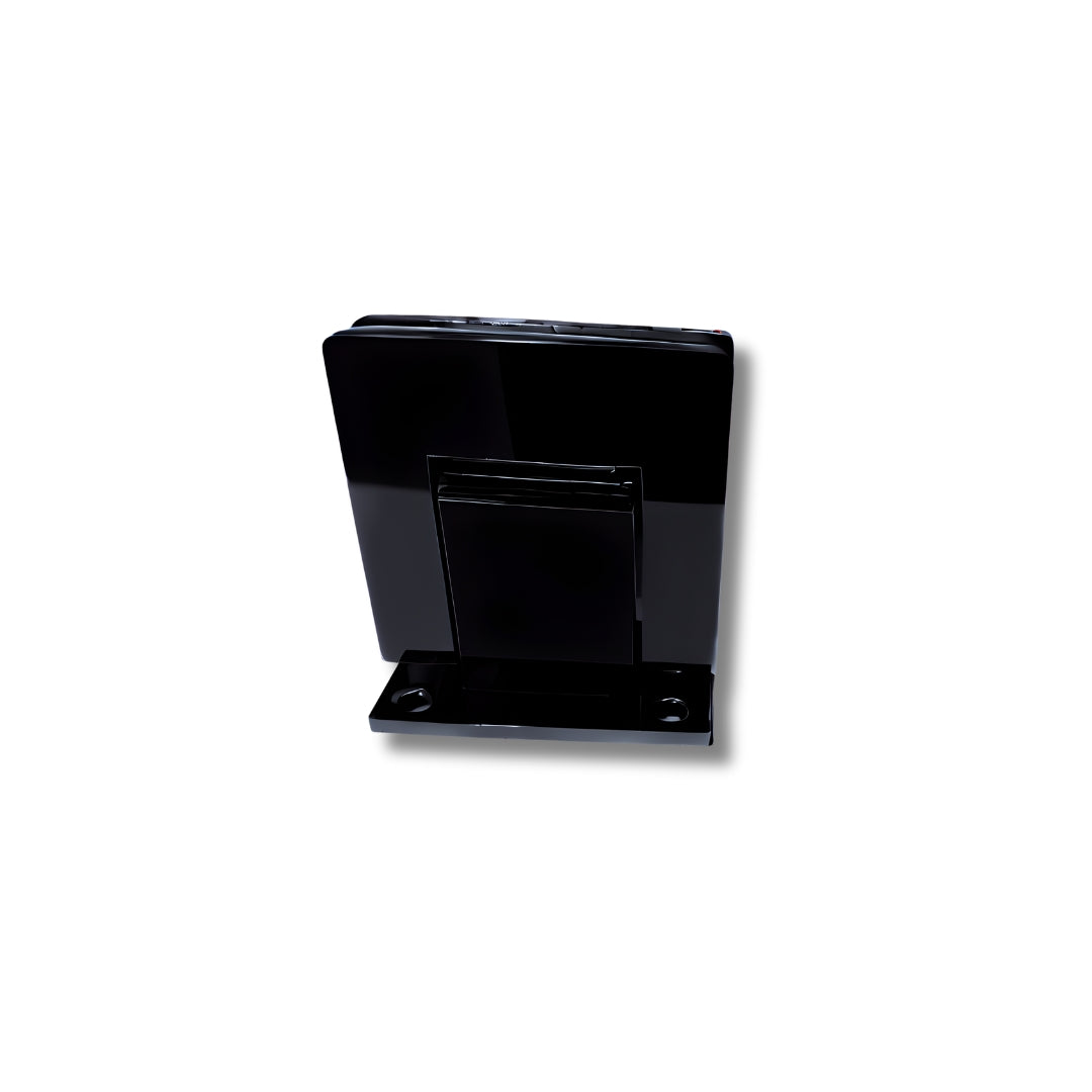 Heavy duty black wall-to-glass hinge with soft-close mechanism, designed for glass shower doors or partitions by Best Glass Parts.