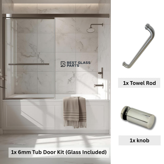 Chrome round 6mm glass tub door kit full set by Best Glass Parts, including hardware and glass panels for bathroom shower.