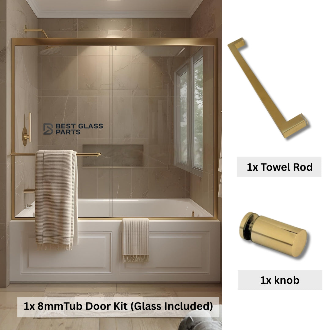 Six millimeter glass tub door kit with square gold fixtures from Best Glass Parts, featuring clear glass panels and hardware.