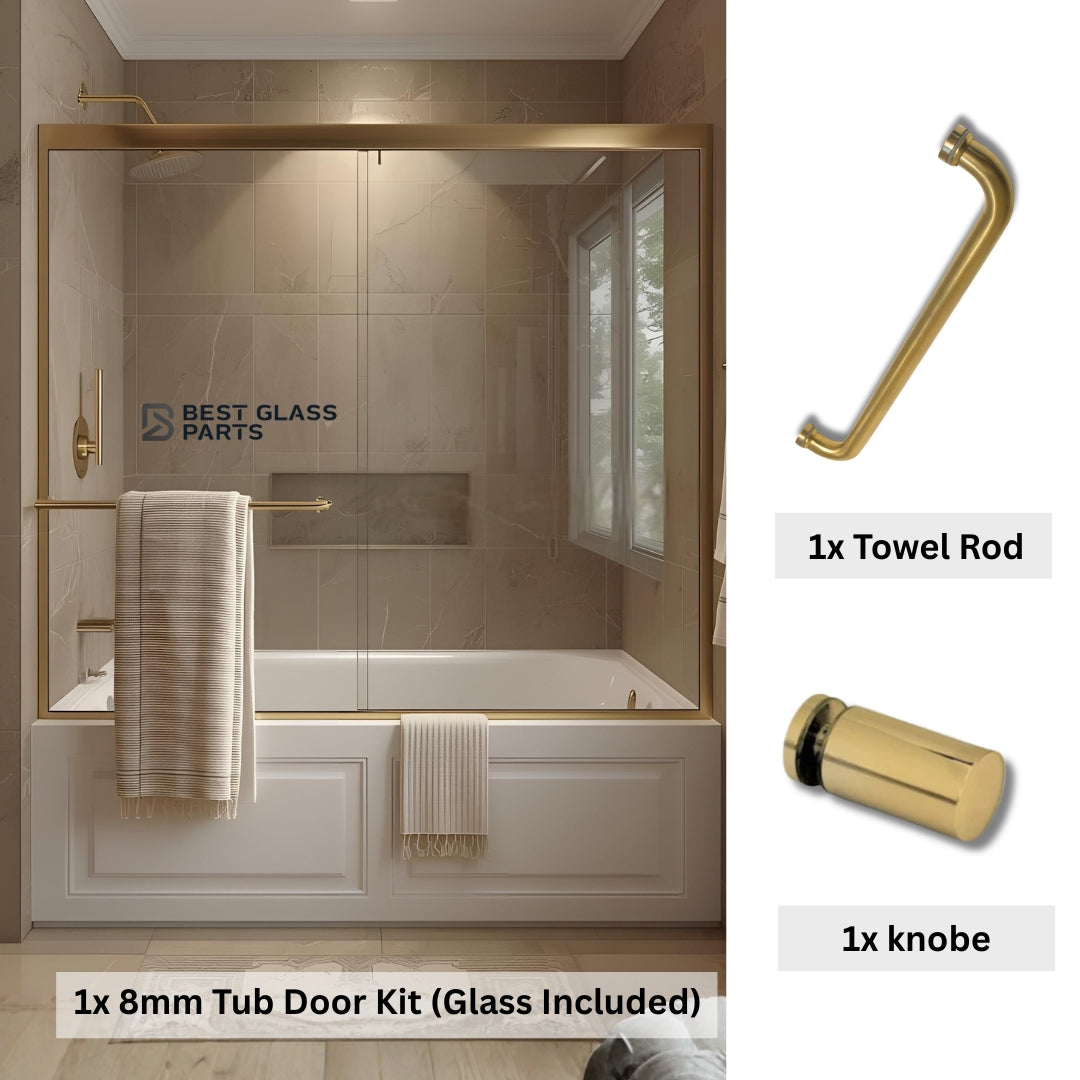 Chrome round 8mm glass tub door kit from Best Glass Parts, includes full set of glass and hardware for installation.