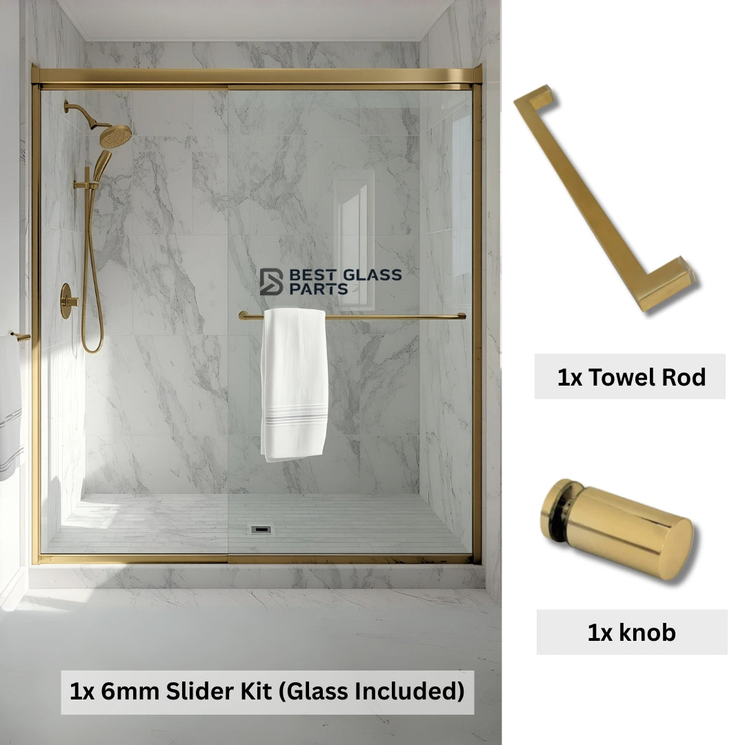 6mm sliding shower door full set with square gold hardware, including rollers and frame components, by Best Glass Parts.