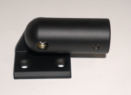 Adjustable wall support bar flange for shower rods by Best Glass Parts, black finish, mounted on wall with rod inserted.