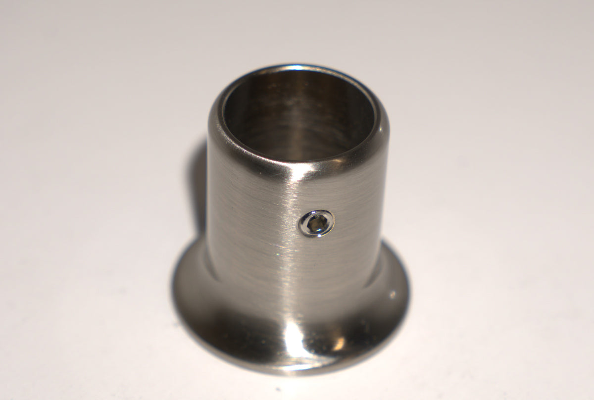 Bronze support bar flange for wall-mounted rod from Best Glass Parts, shown with mounting hardware and wall attachment.