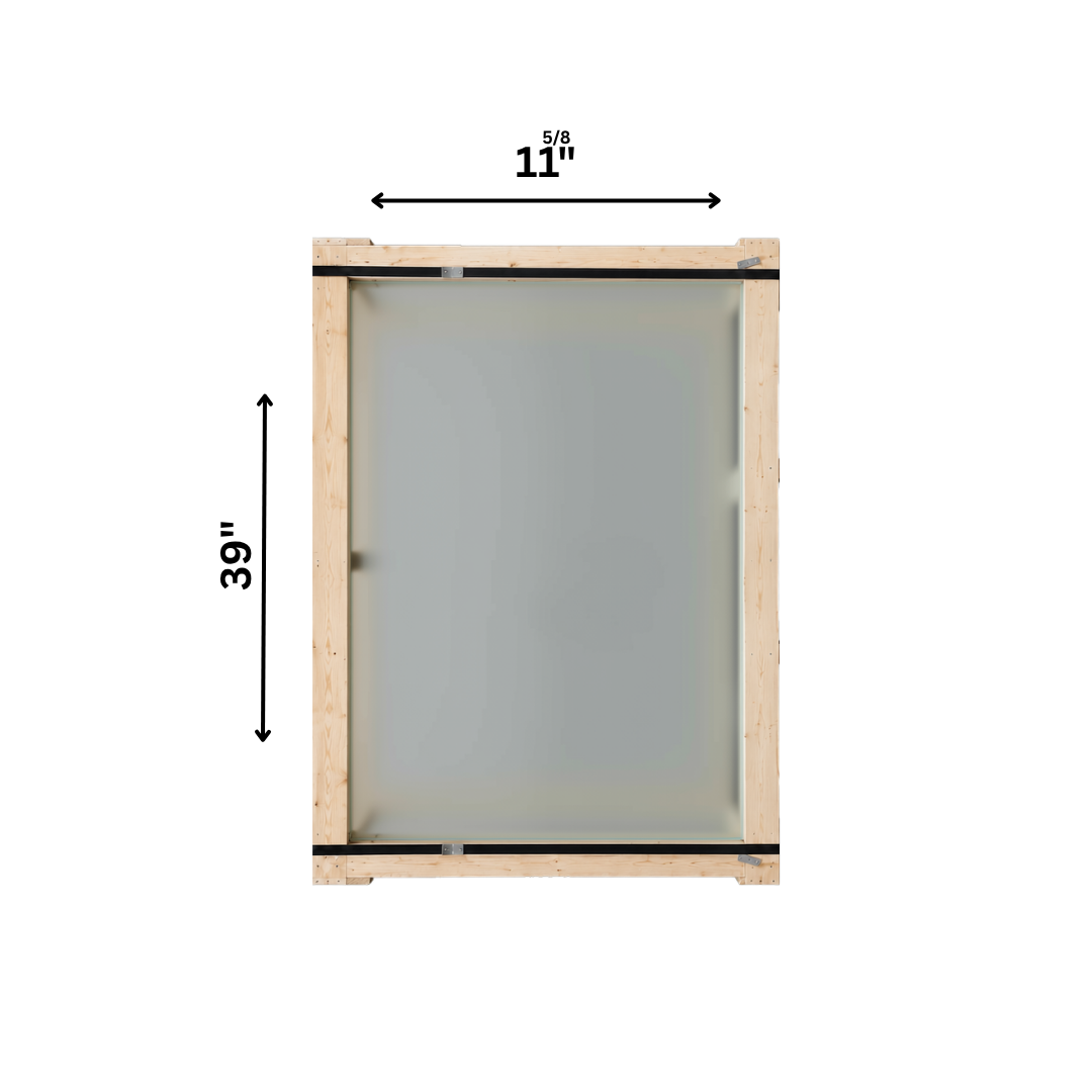 Frosted glass sheet from Best Glass Parts, 3mm thick, 39x11-5/8 inches, stacked in a crate for installation or crafting.