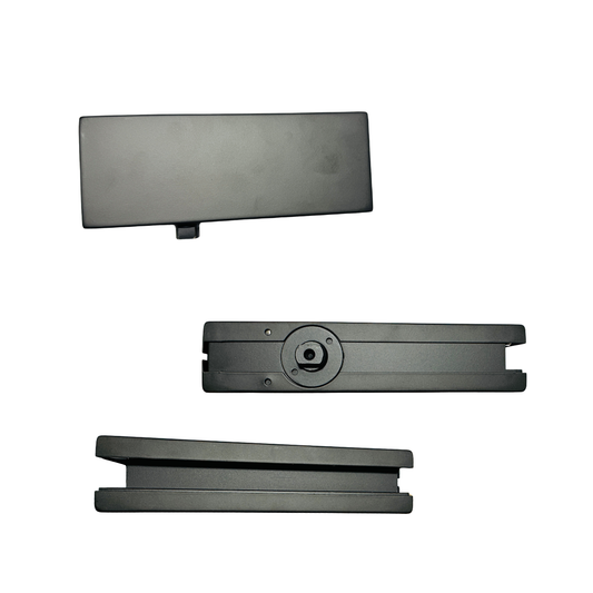 Black bottom floor hinge for glass doors from Best Glass Parts, showing the hinge's sleek design and mounting details.