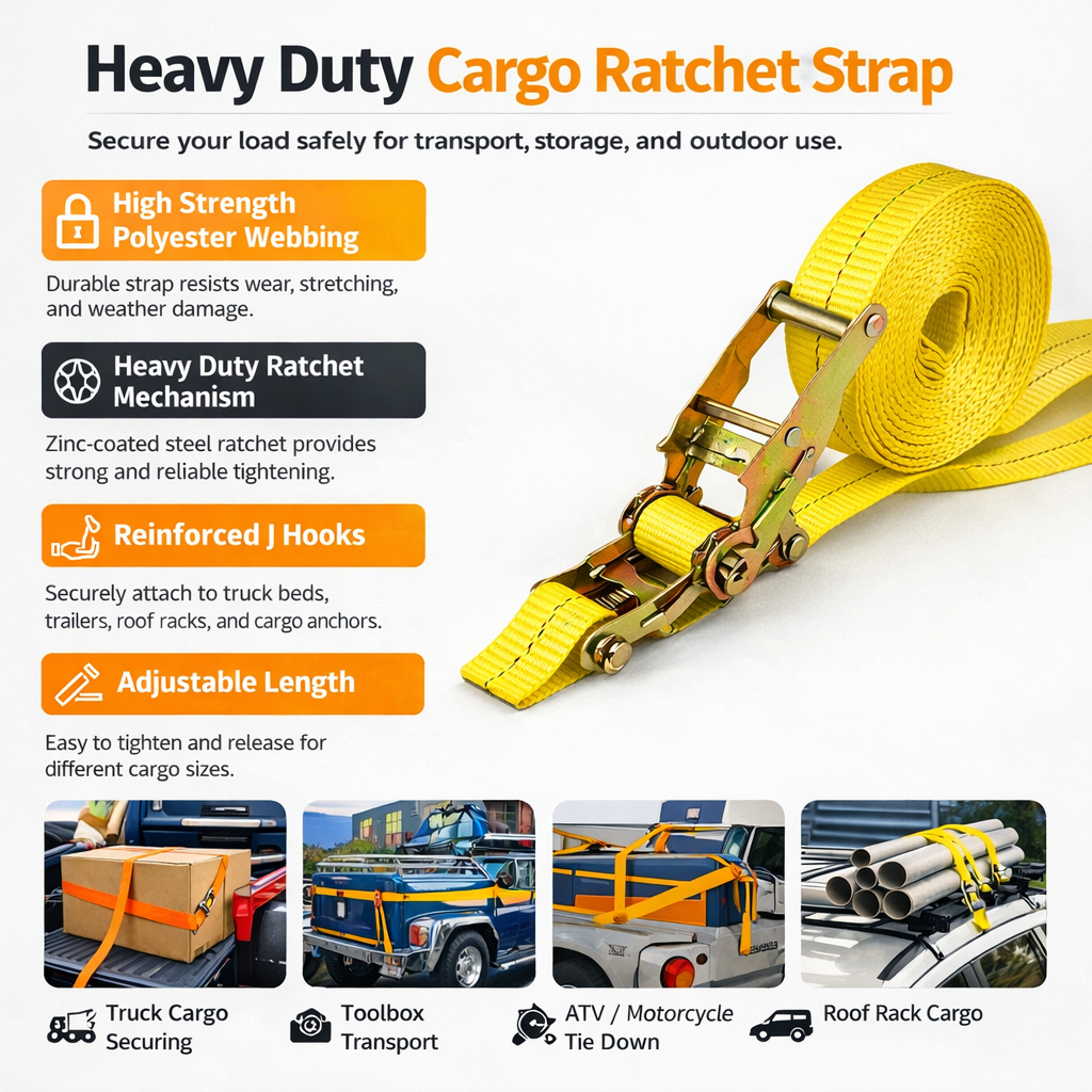 Heavy duty 3x32-inch cargo ratchet strap from Best Glass Parts, featuring durable metal buckle and black woven nylon strap.
