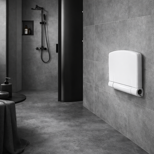 Wall-mounted fold down shower seat by Best Glass Parts, showing the stainless steel frame and foldable seat in a bathroom setting.