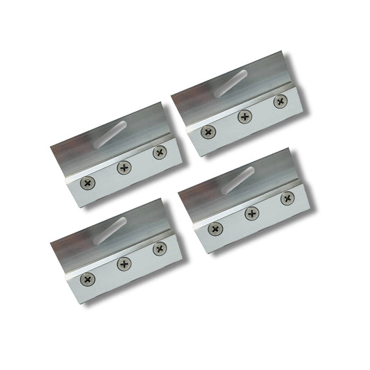 Set of four chrome glass clamps from Best Glass Parts, showcasing sleek, sturdy metal hardware for securing glass panels.