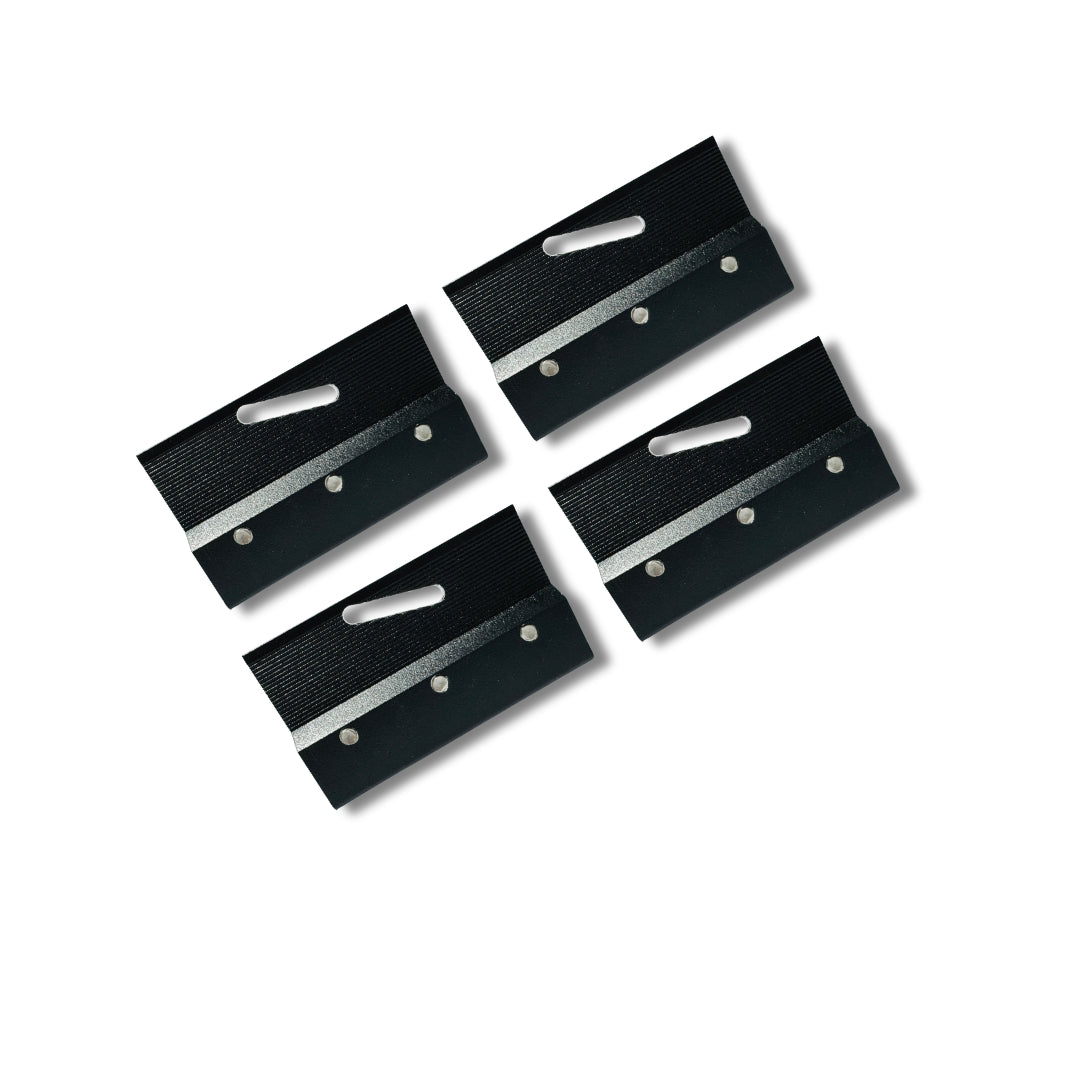 Set of four black glass clamps by Best Glass Parts, holding glass panels securely with sturdy metal grips.
