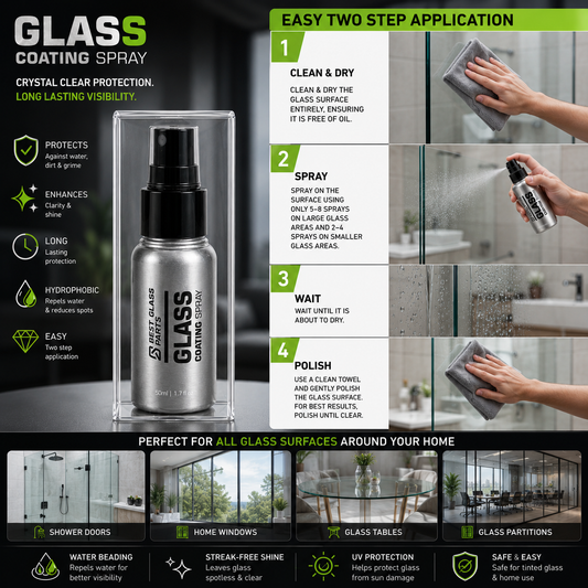 Bottle of Best Glass Parts glass coating spray for protective and glossy finishes on glass surfaces.