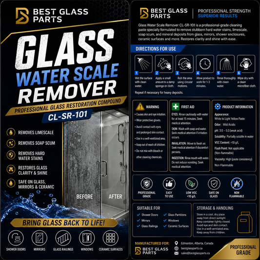 Close-up of the Best Glass Parts Glass Water Scale Remover bottle with label and applicator tip for cleaning glass surfaces.
