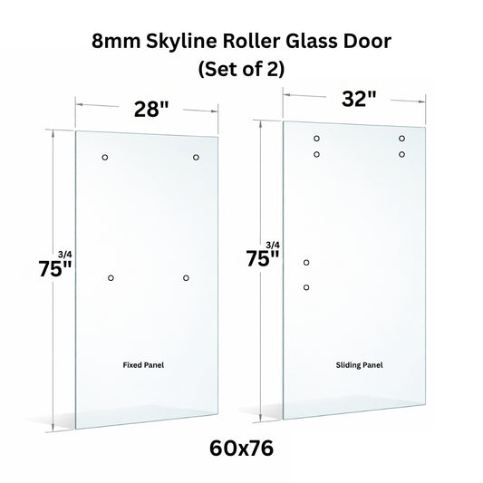Tempered 8mm roller sliding glass panel with holes, suitable for shower doors or partitions, by Best Glass Parts.