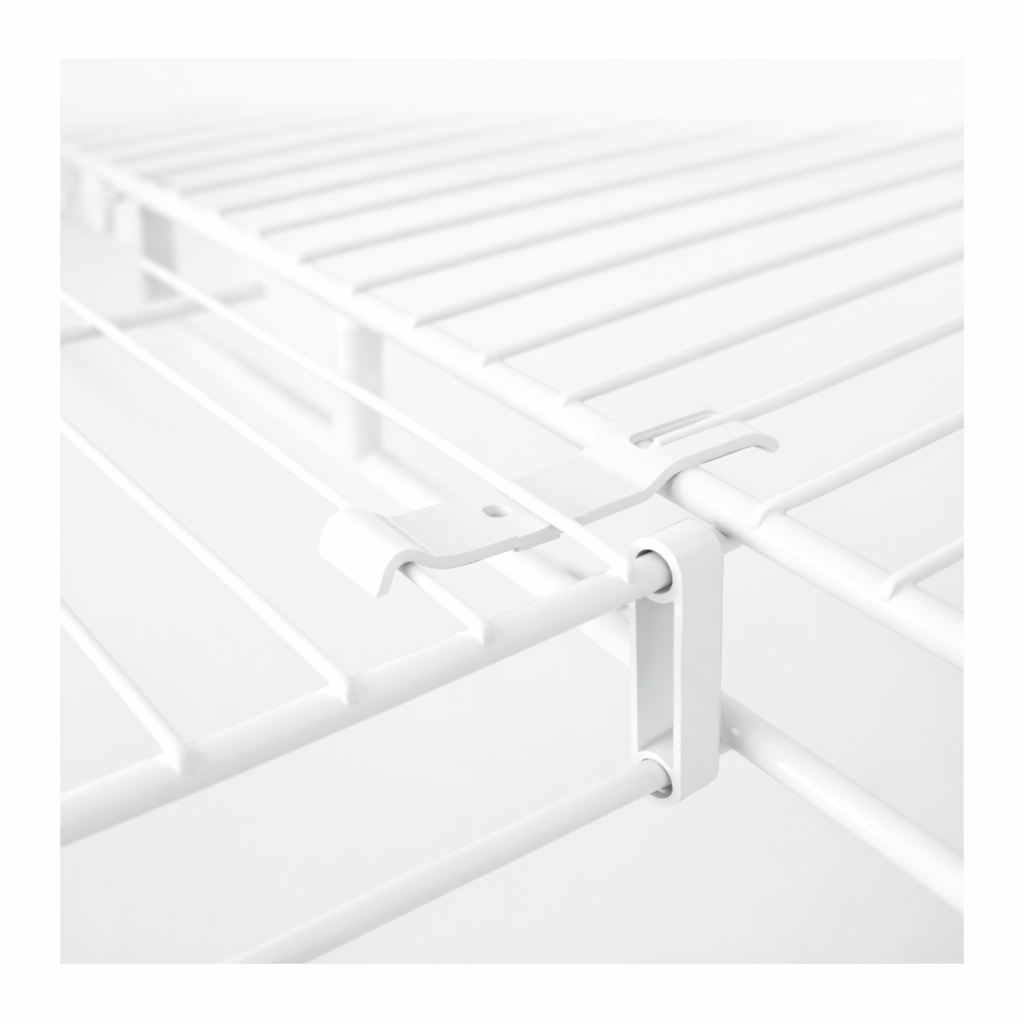 Metal corner bracket for wire shelving by Best Glass Parts, showing sturdy L-shaped support for secure shelving installation.