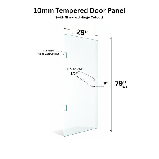 Clear 10mm (3/8 inch) tempered frameless swing shower door glass panel with hinge cutouts