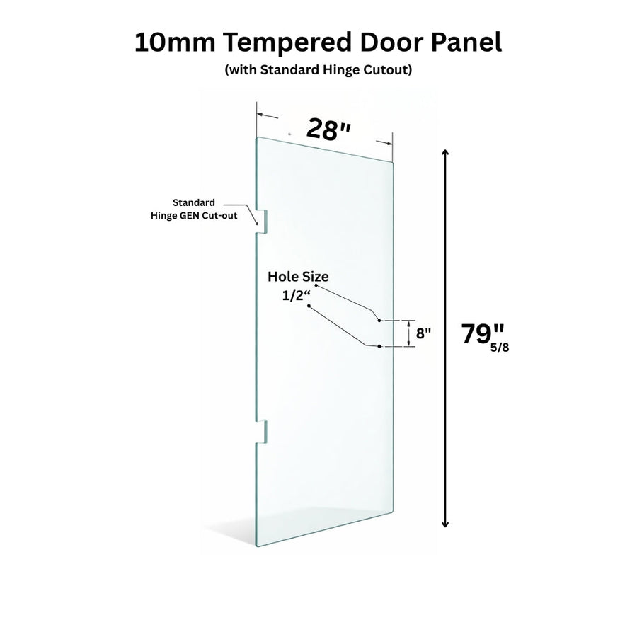 Clear 10mm (3/8 inch) tempered frameless swing shower door glass panel with hinge cutouts