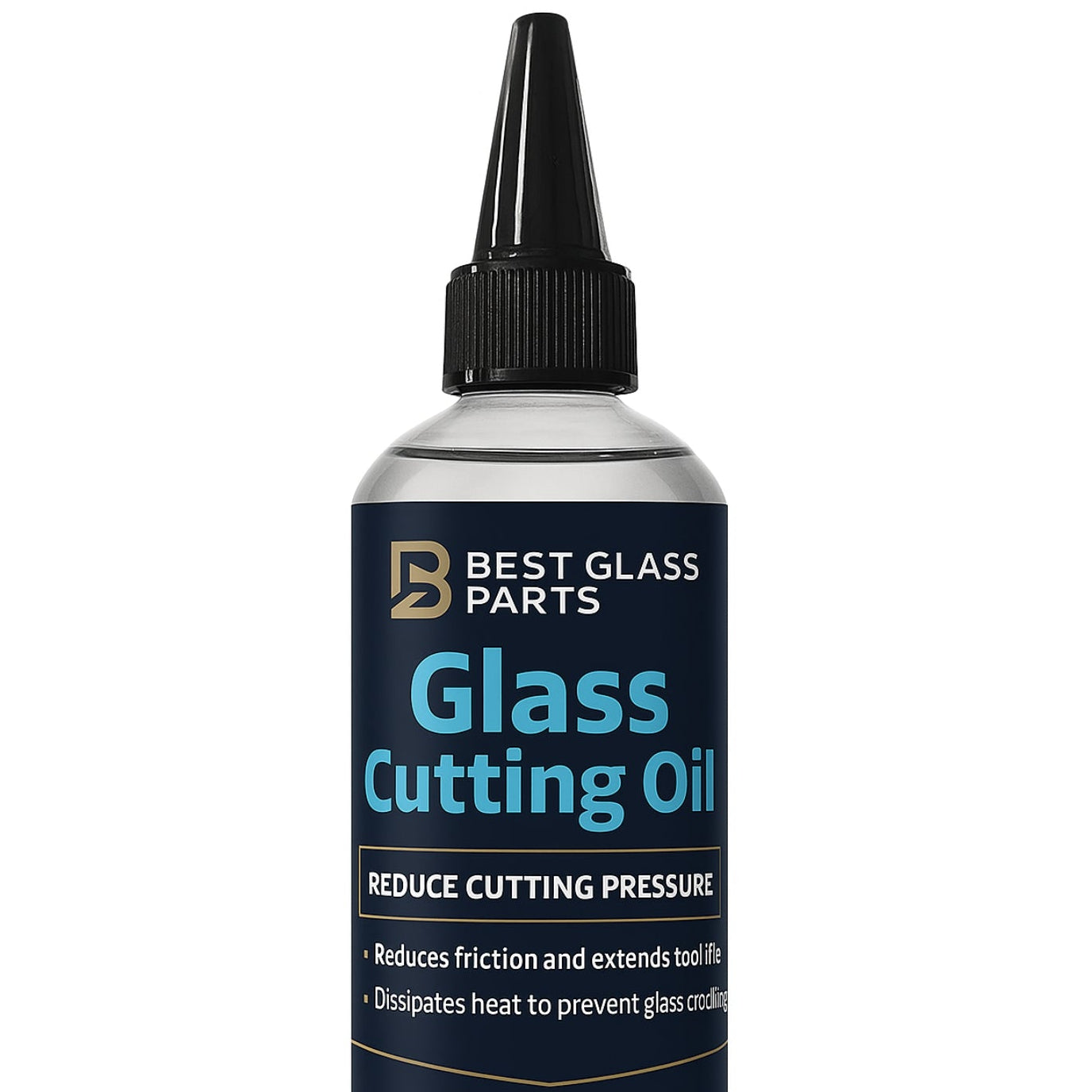 Bottle of Best Glass Parts glass cutting oil with a clear label, designed for smooth glass cutting and lubrication.