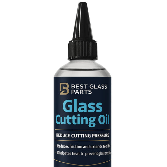 Bottle of Best Glass Parts glass cutting oil with a clear label, designed for smooth glass cutting and lubrication.