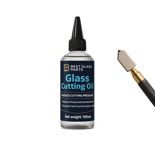 Bottle of Best Glass Parts glass cutting oil showing the clear liquid inside and label on the container.