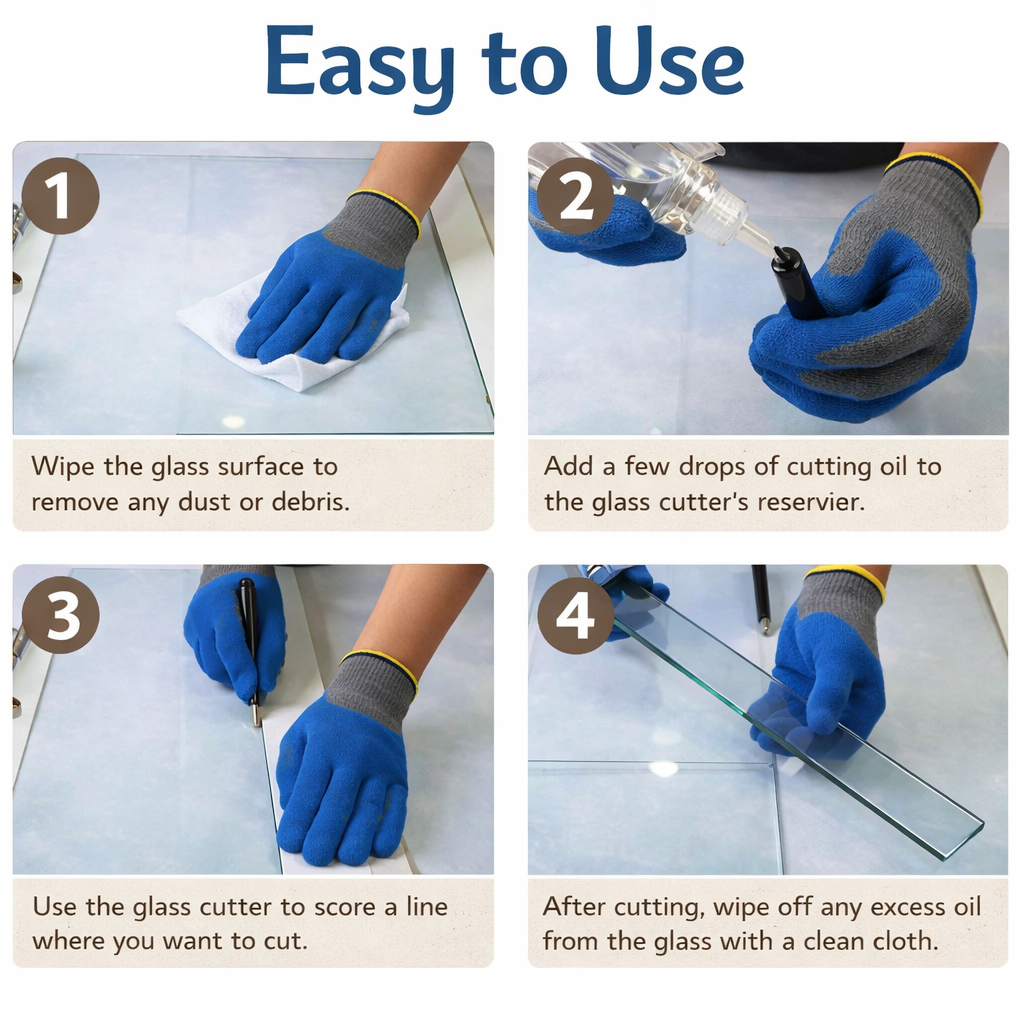Glass cutting oil from Best Glass Parts shown in a clear bottle, used for lubricating glass cutting tools.