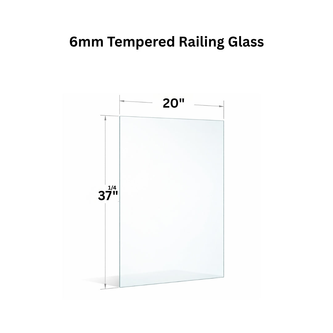 Clear 6mm tempered glass panel for railing from Best Glass Parts, showing smooth edges and transparent safety glass.