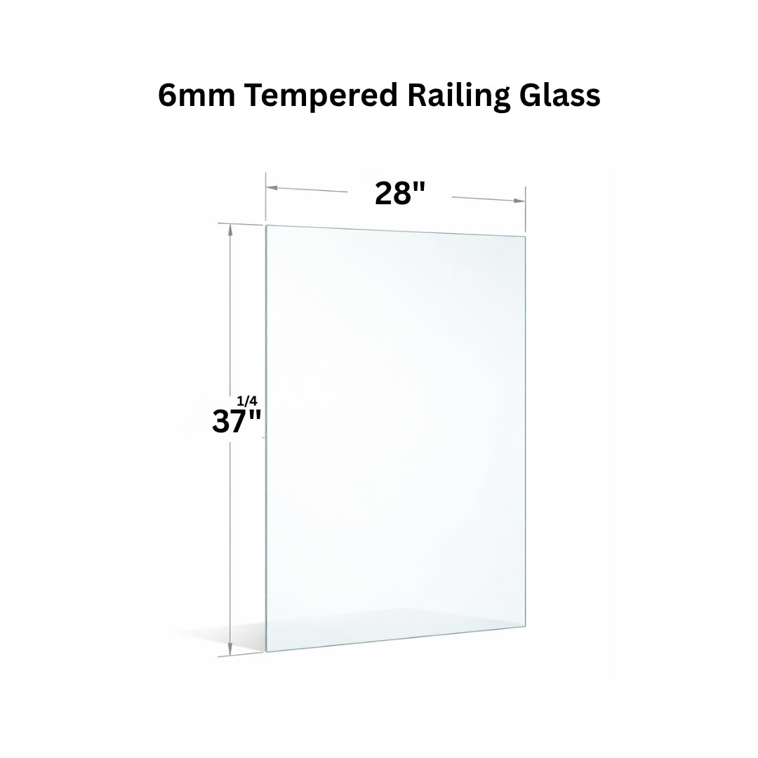 Clear 6mm tempered glass panel for railing from Best Glass Parts, showing the smooth, transparent surface and polished edges.