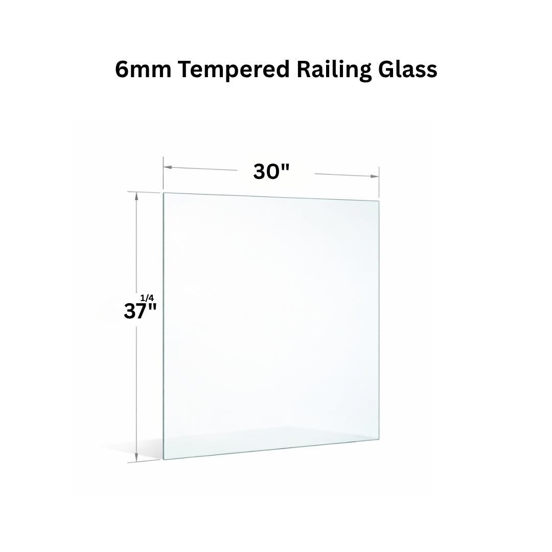 Clear 6mm tempered glass panel for railing, 1/4 inch thick, from Best Glass Parts, shown with smooth edges and transparent surface.