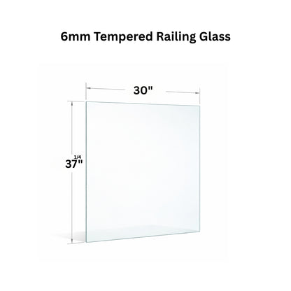 Clear 6mm tempered glass panel for railing, 1/4 inch thick, from Best Glass Parts, shown with smooth edges and transparent surface.