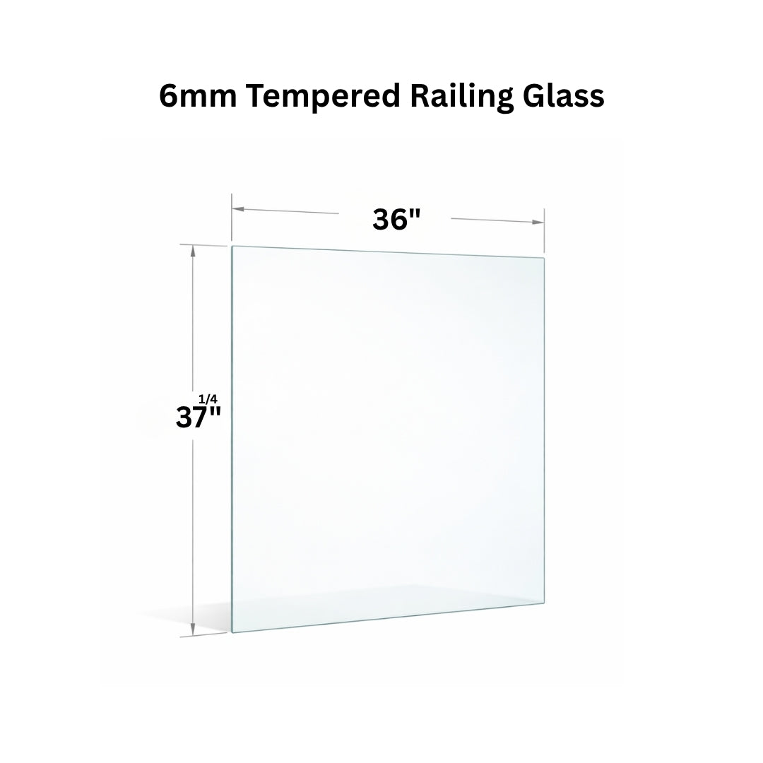 Clear 6mm tempered glass panel for railing from Best Glass Parts, showcasing its smooth, transparent surface and polished edges.