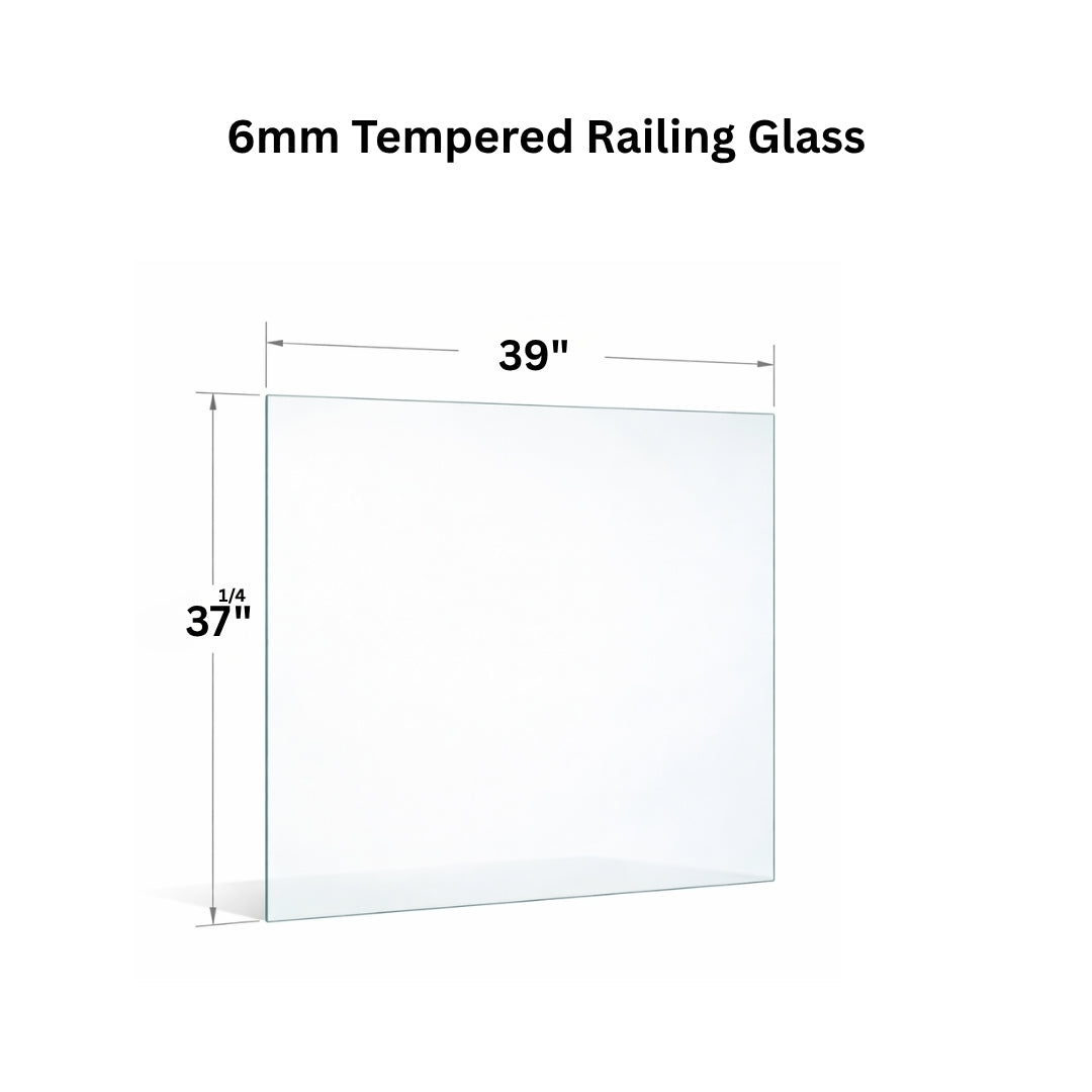 Clear 6mm tempered glass panel for railing from Best Glass Parts, showing smooth edges and transparency.