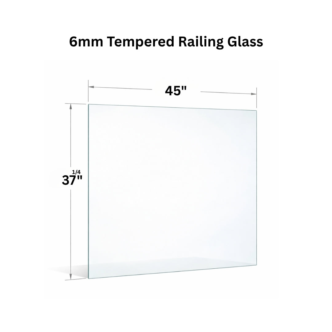 Clear 6mm tempered glass panel for railing from Best Glass Parts, showing smooth, polished edges and transparent safety glass.