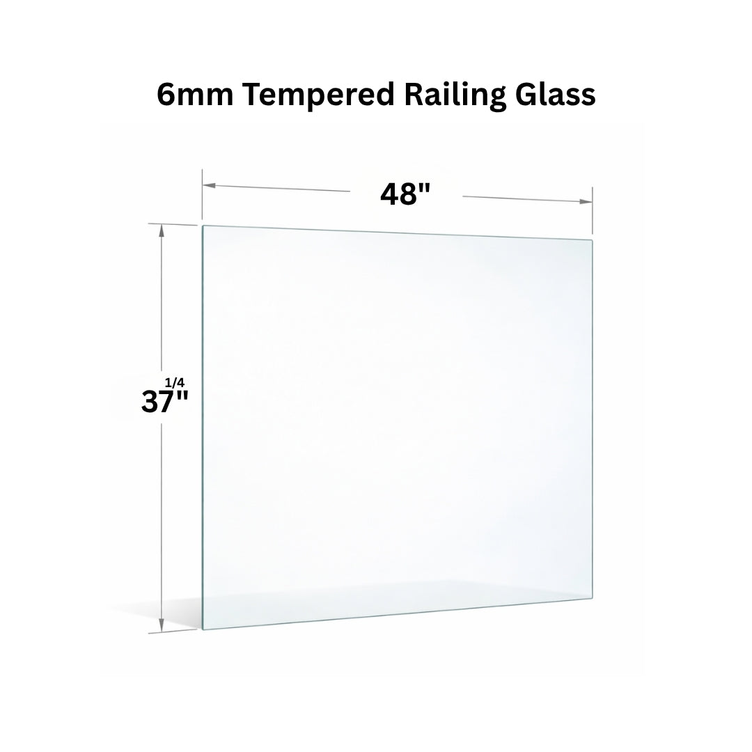 Clear 6mm tempered glass panel for railing from Best Glass Parts, featuring smooth edges and sturdy construction.