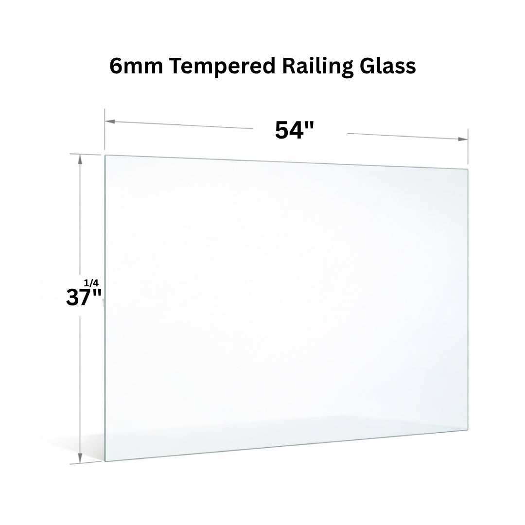 Clear 6mm tempered glass panel for railing from Best Glass Parts, showing smooth, polished edges and transparent safety glass.