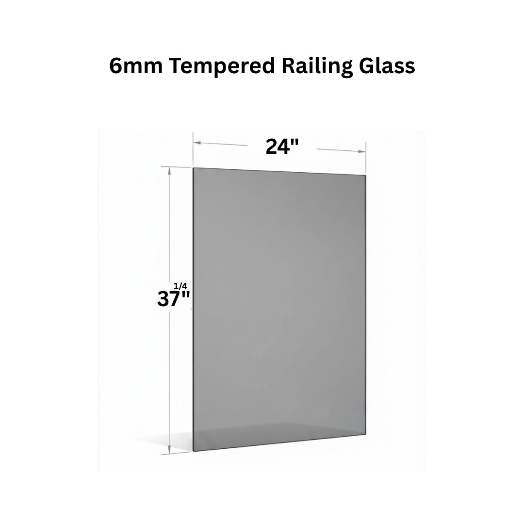 Clear 6mm tempered glass panel for railing from Best Glass Parts, showing smooth, polished edges and transparent surface.