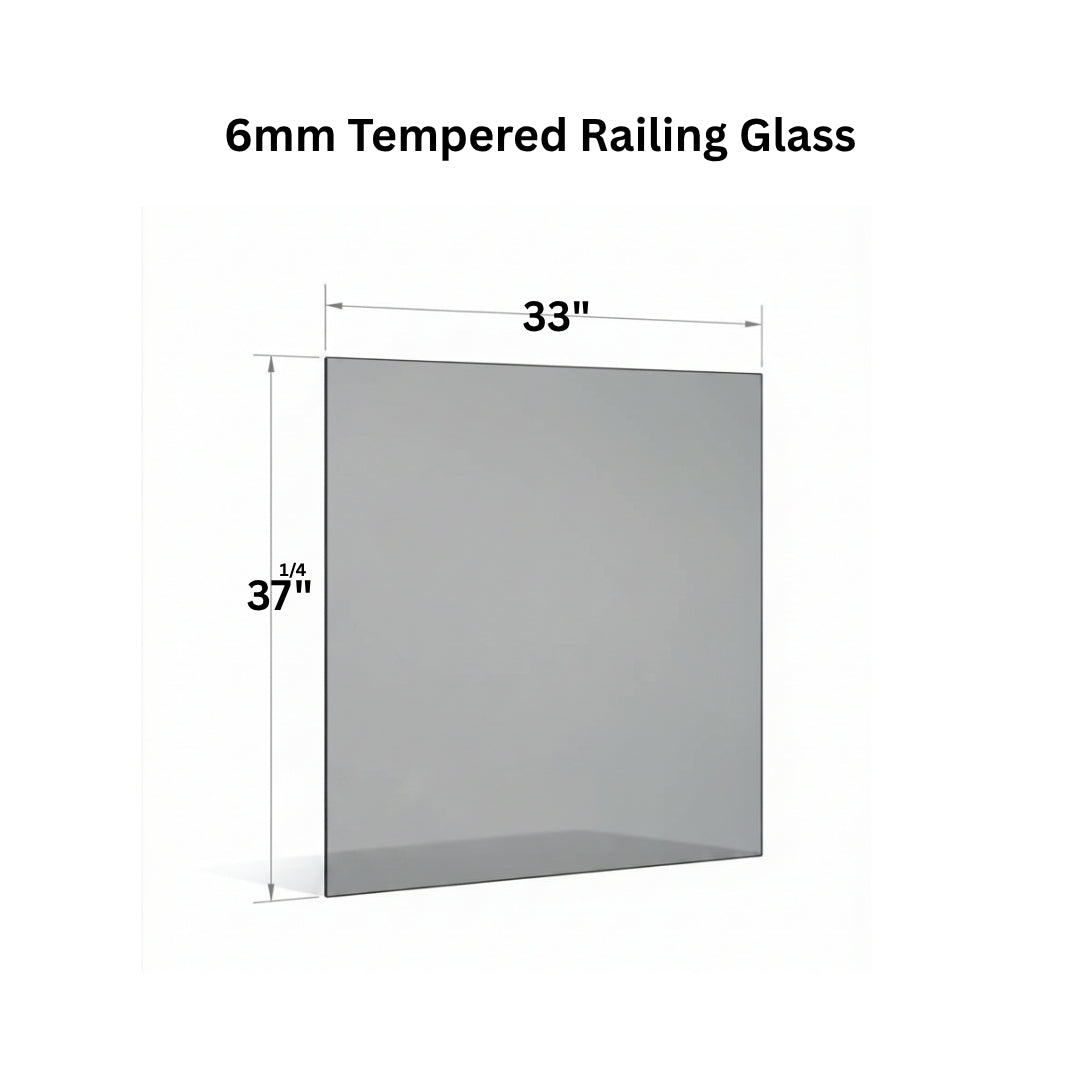 Clear 6mm tempered glass panel from Best Glass Parts, designed for railing installations, with polished edges and transparent surface.