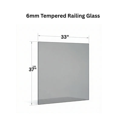 Clear 6mm tempered glass panel from Best Glass Parts, designed for railing installations, with polished edges and transparent surface.