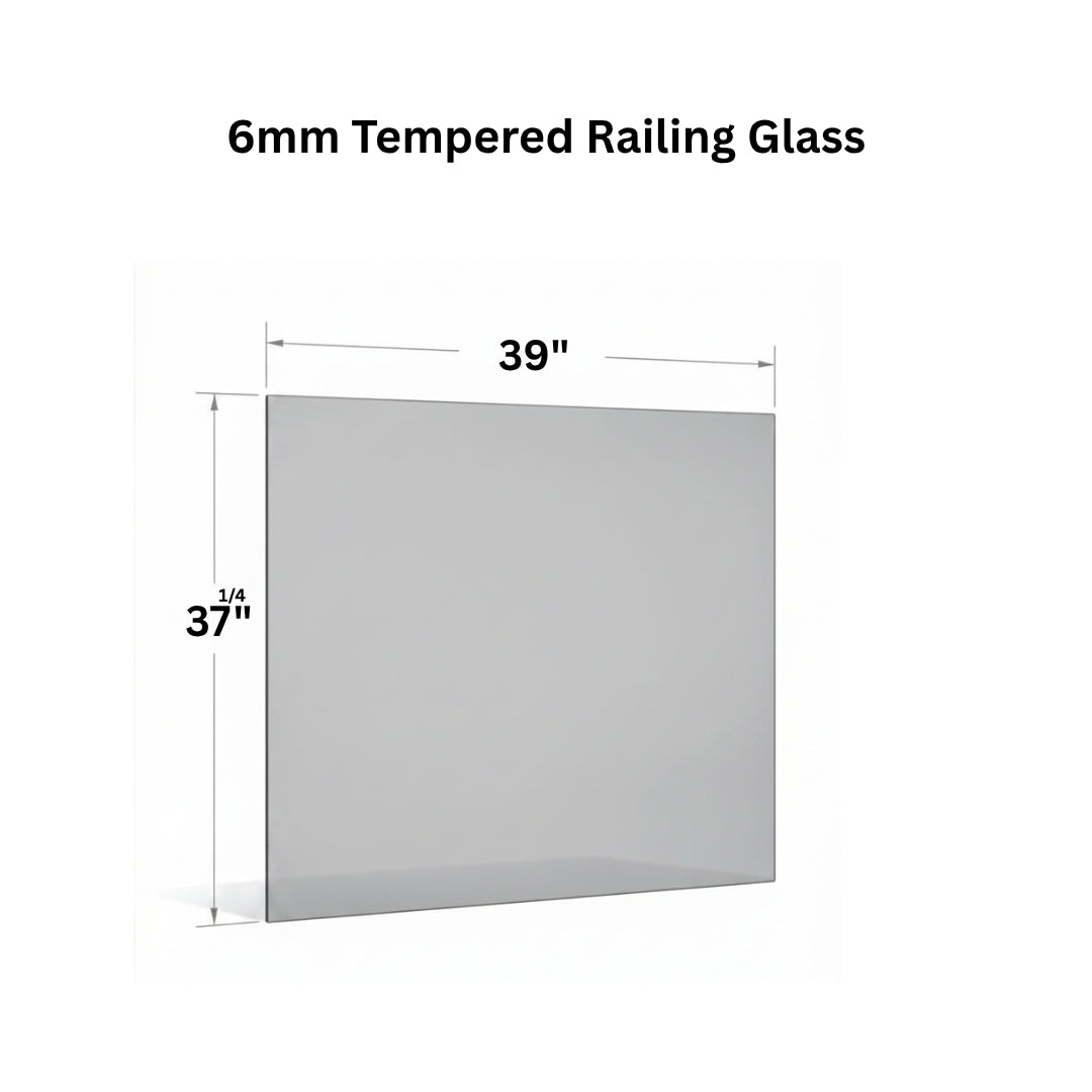 Clear 6mm tempered glass panel for railing from Best Glass Parts, showcasing a smooth, polished edge and transparent surface.