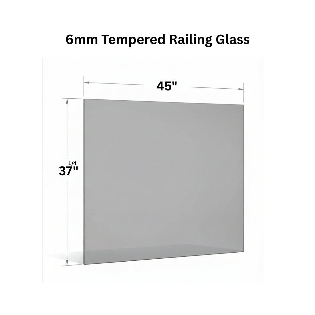 Clear 6mm tempered glass panel for railing from Best Glass Parts, showing smooth edges and transparent surface.